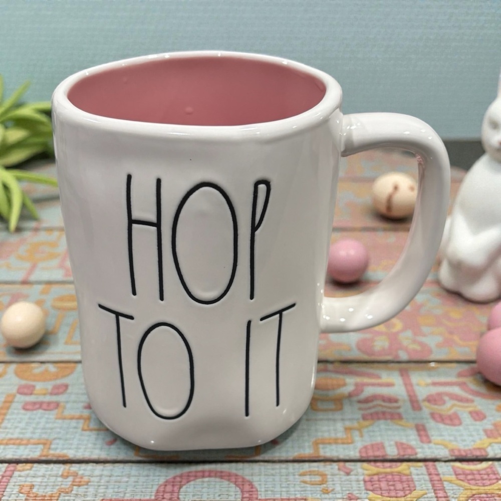 NEW RAE DUNN HOP TO IT Large Ceramic Mug Easter Bunny Pink White